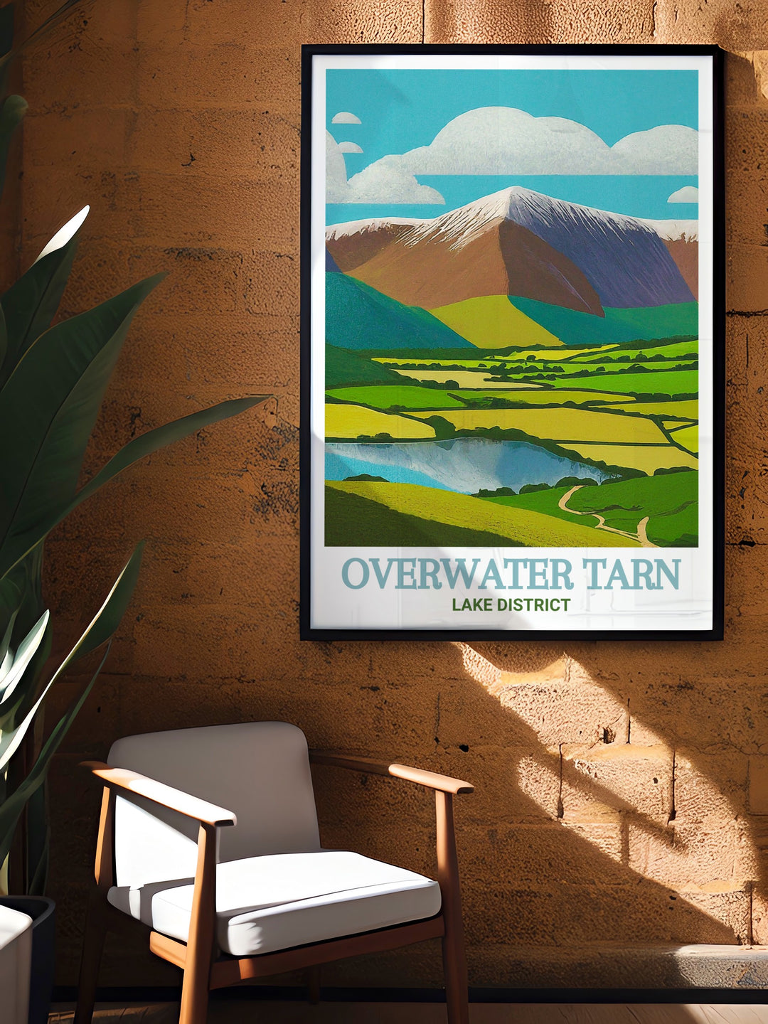 Overwater Tarn travel print capturing the serene beauty of Overwater Tarn and Skiddaw. This artwork showcases the tranquil waters and lush surroundings, perfect for home decor or as a gift for nature enthusiasts. A stunning piece celebrating Cumbrias landscapes.