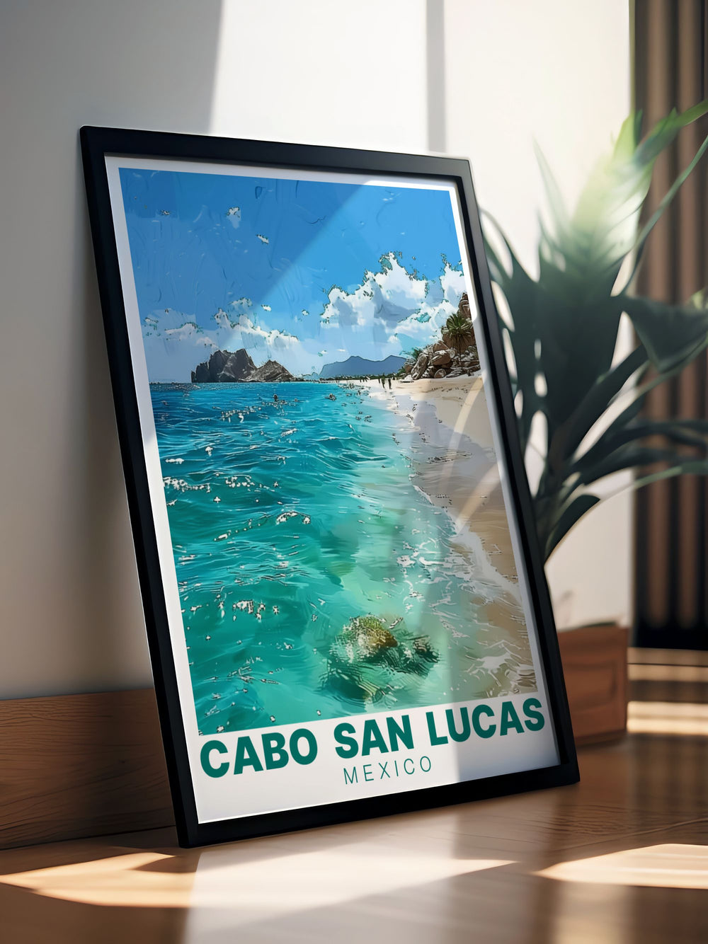 Lovers Beach modern art print in elegant black and white style Ideal for living room or office decor this Cabo San Lucas photo captures the serene beauty of Lovers Beach making it a perfect wall décor piece for any home or workspace