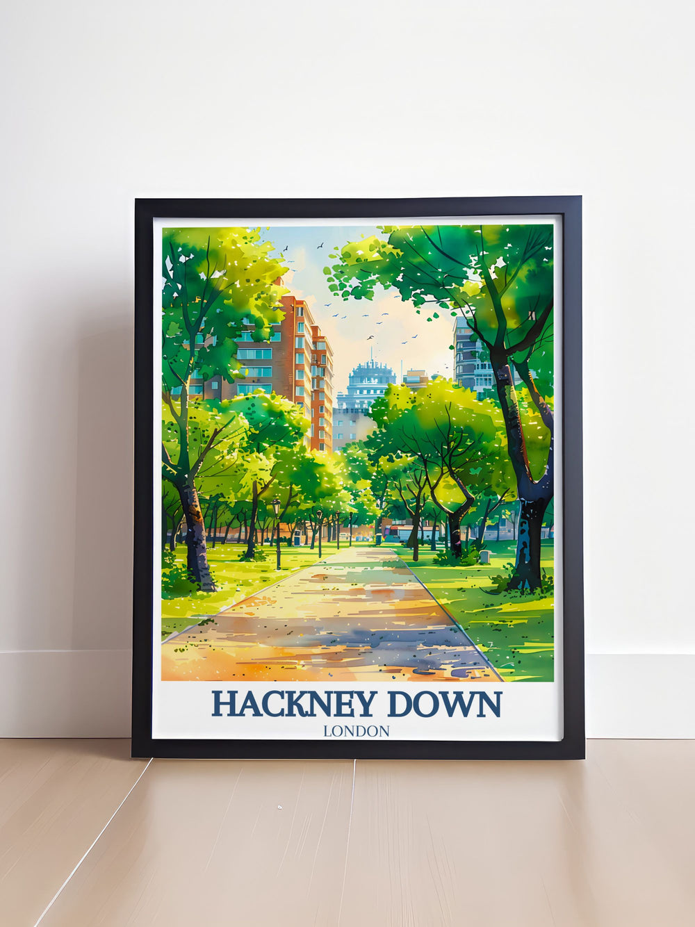 Featuring the iconic green spaces of Hackney Downs, this travel poster captures the essence of its tranquil beauty and vibrant community, perfect for creating a serene atmosphere in any room.