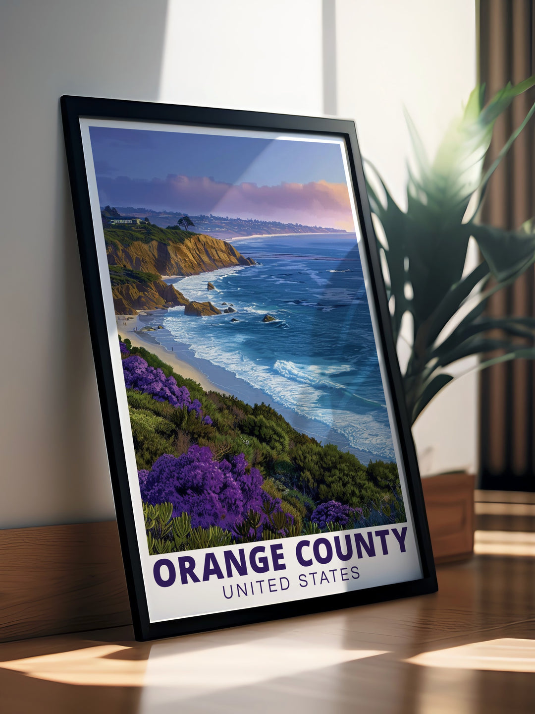 Orange County art print featuring a sleek and modern representation of Californias dynamic cities and stunning coastlines. This travel poster blends urban and natural elements, offering a stylish way to celebrate Orange County. Ideal for home décor or personalized gifts, available as a framed or digital download.