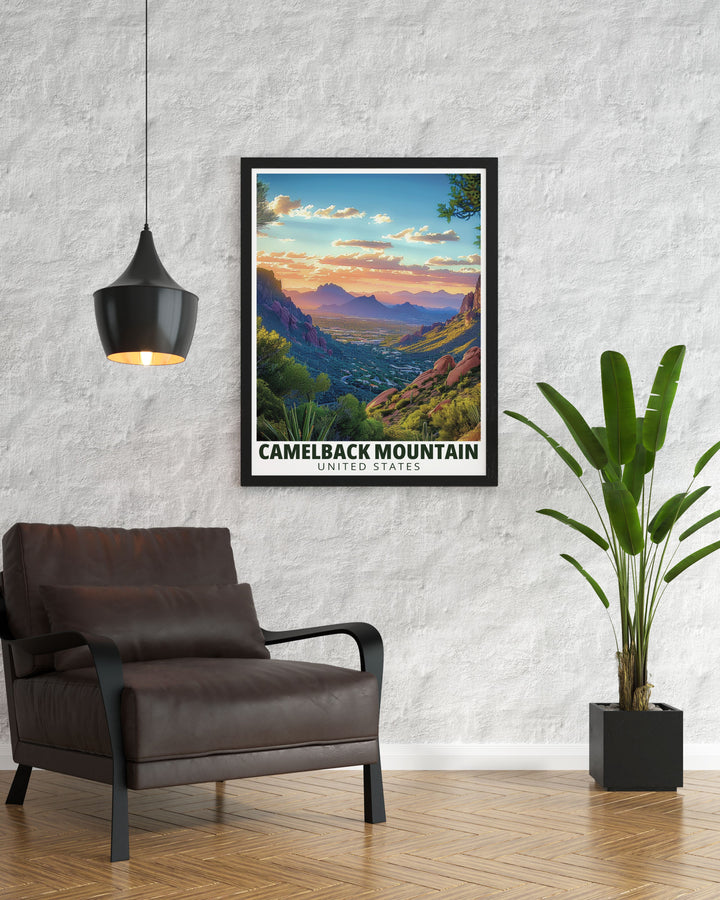 Capture the essence of Arizona with this stunning Echo Canyon Trail vintage print. Ideal for home decor or as a gift this Arizona travel art piece showcases the breathtaking views of Mt. Camelback and the unique beauty of Echo Canyon Trail.