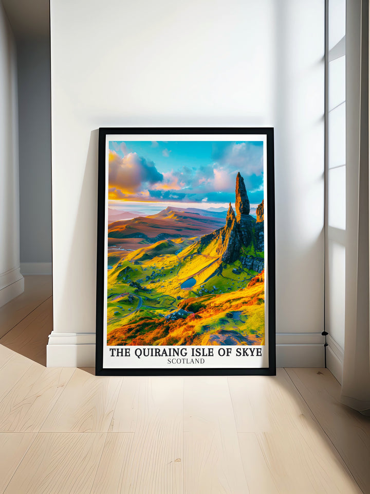 The Quiraing Isle of Skye Travel Print featuring The Needle and Trotternish Ridge showcasing the rugged landscape and scenic beauty of Scottish hiking trails with detailed illustrations of the Old Man of Storr and picturesque vistas perfect for enhancing home decor.