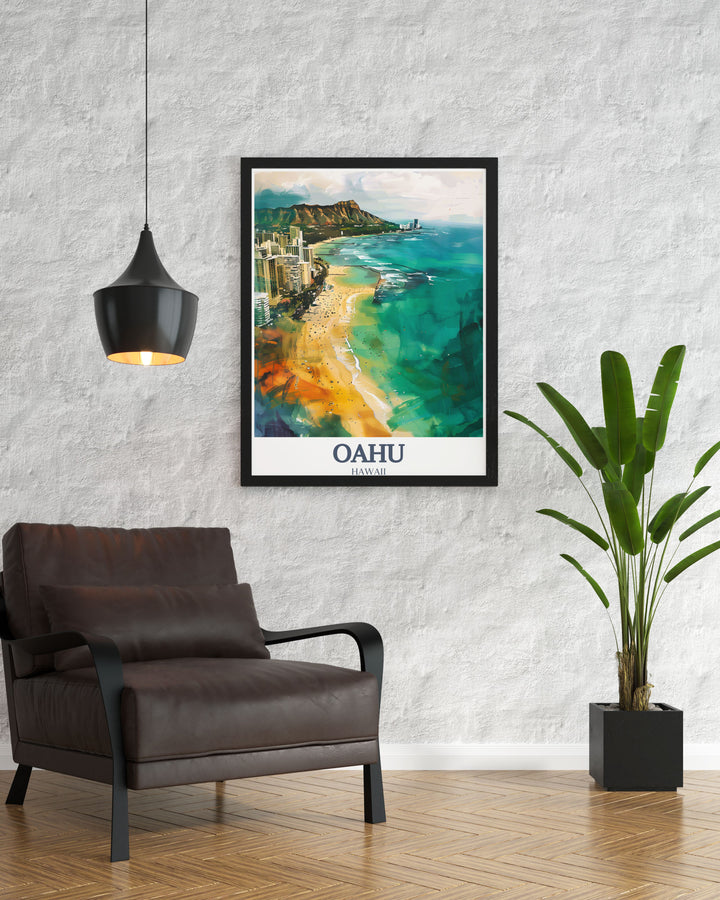 Enjoy the tropical beauty of Oahu every day with this stunning poster featuring Diamond Head and Waikiki Beach. Perfect for home décor, this Hawaii travel art is a beautiful addition to any room, and makes a unique gift for lovers of the islands.