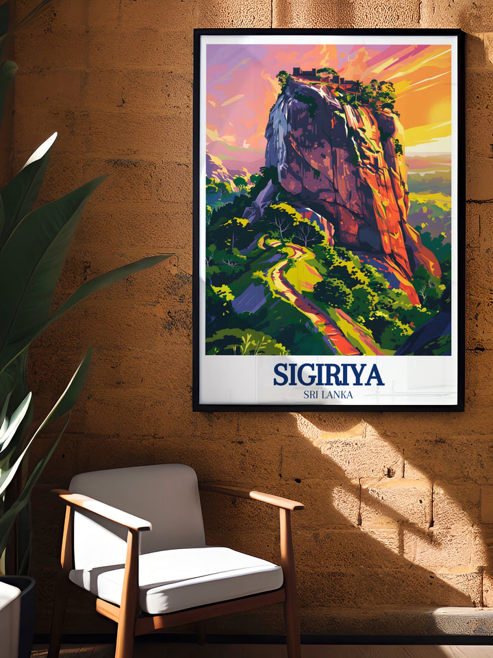 Travel print of Sigiriya and Lions Rock, highlighting the ancient fortresss architectural brilliance and its place within Sri Lankas rich historical context. This artwork is a perfect way to celebrate world heritage and the beauty of Sri Lanka in your space.