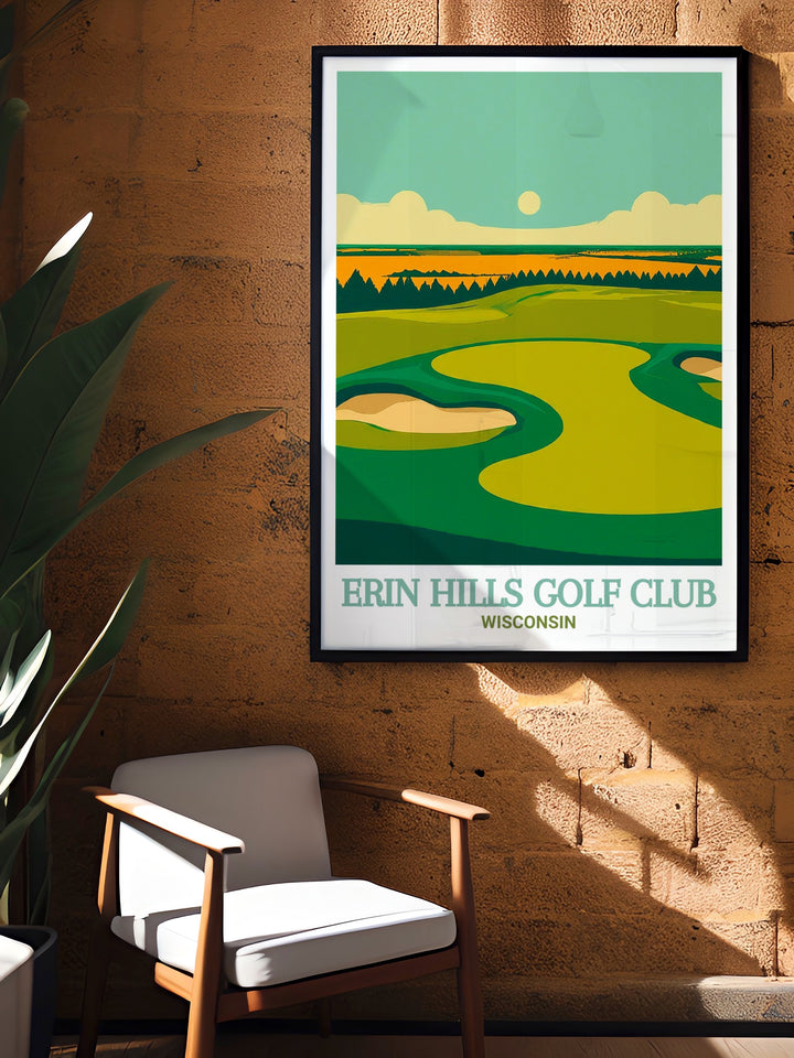 This Erin Hills Golf Club art print showcases the courses unique design and natural beauty, bringing a piece of this golfing paradise into your home. The detailed depiction of the fairways and greens makes it a perfect gift for any golf enthusiast.