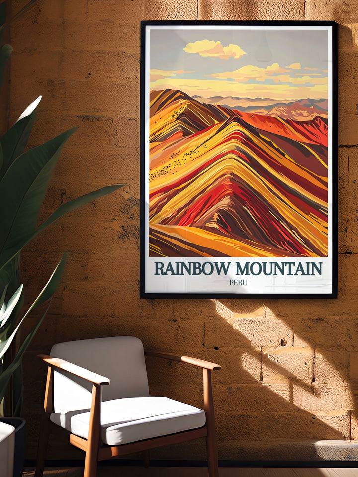 Elegant Rainbow Mountain art print showcasing the majestic beauty of the Andean highlands Red Valley perfect for modern decor and Peru inspired artwork.