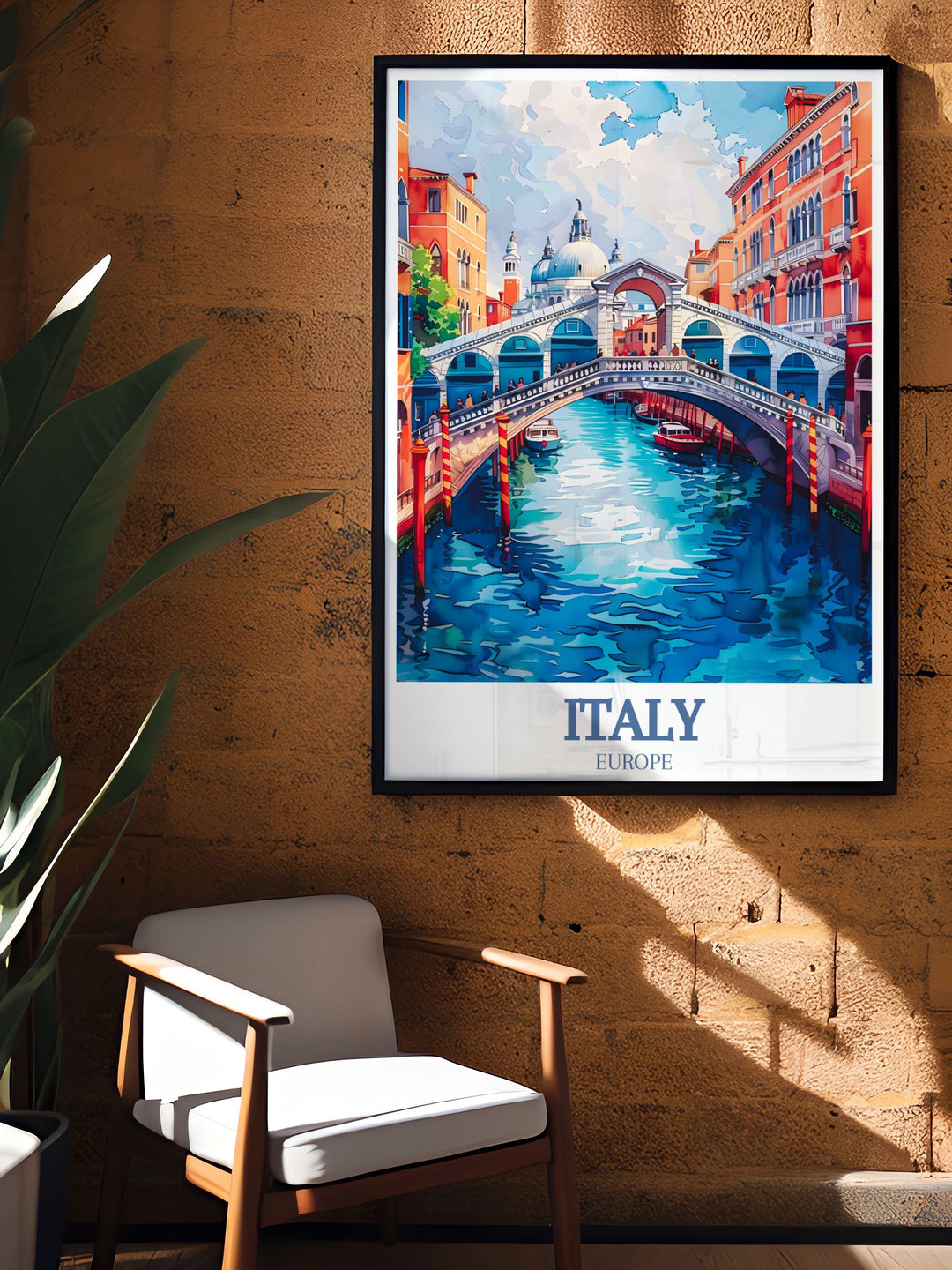 The intricate details of the Grand Canal and Rialto Bridge are showcased in this art print, making it a perfect piece for those who love Venices scenic beauty and historical landmarks.