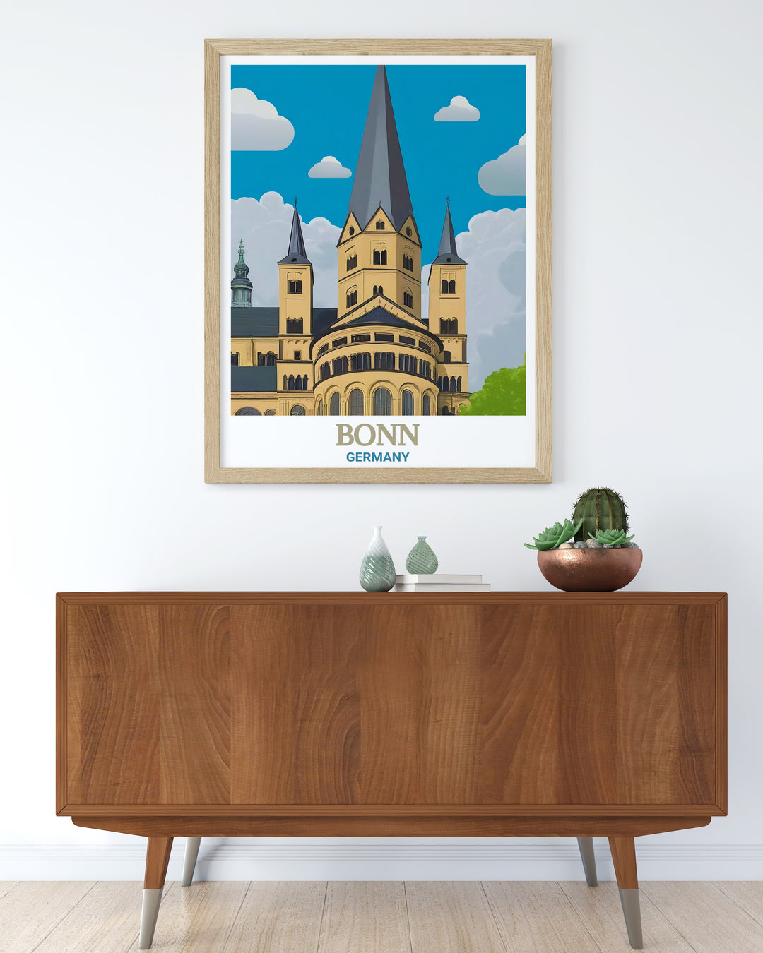 This Bonn poster print captures the architectural grandeur of Bonn Minster, one of Germanys most historic churches. Perfect for anyone who appreciates European Gothic architecture, this travel print brings a piece of Germanys cultural heritage into your home decor.