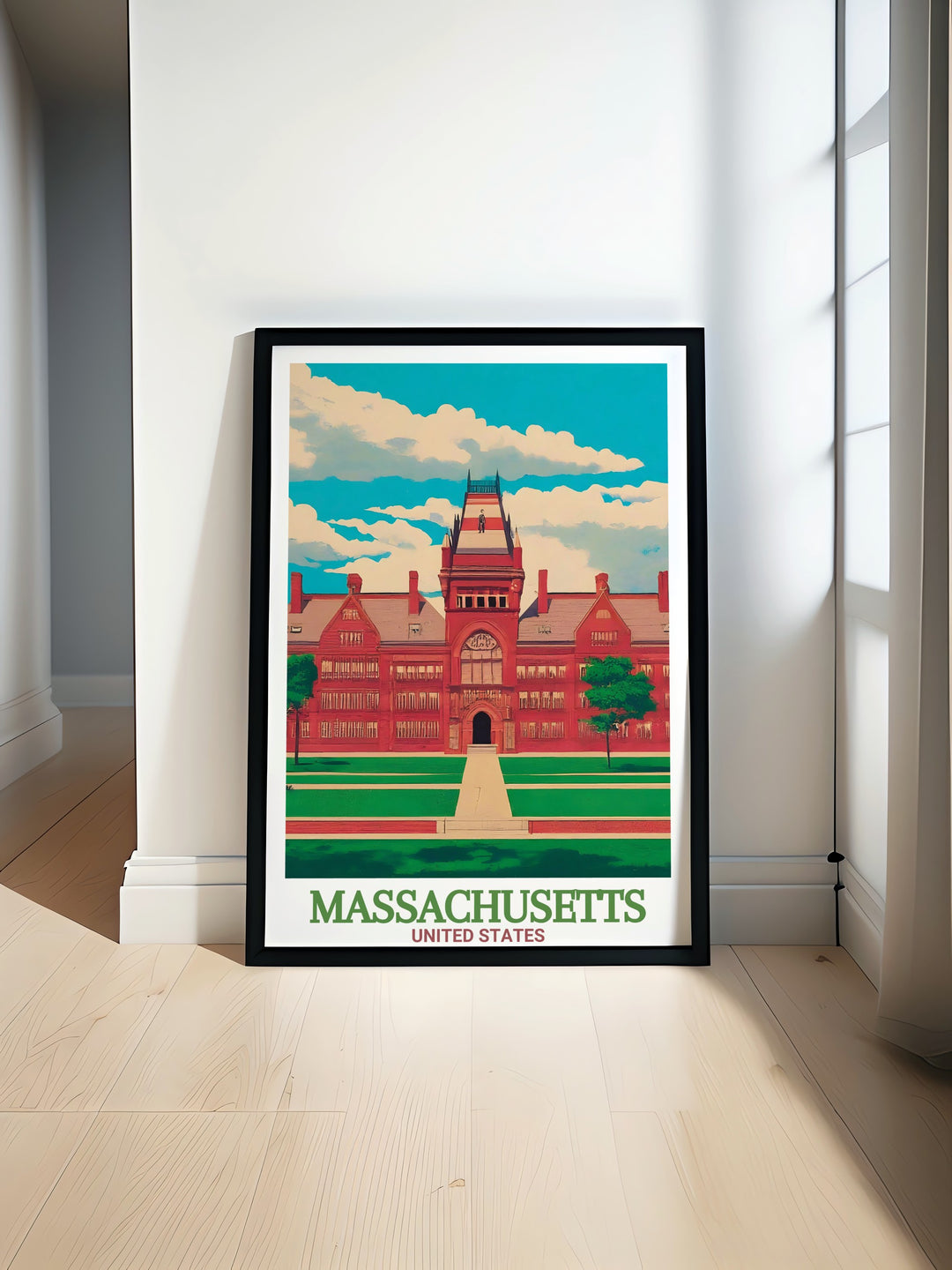 Massachusetts Vintage Poster combines the iconic Harvard University with the skyline of Springfield, creating a beautiful piece of art. Ideal for anyone who loves Massachusetts, this framed artwork brings a touch of history and culture to any space.