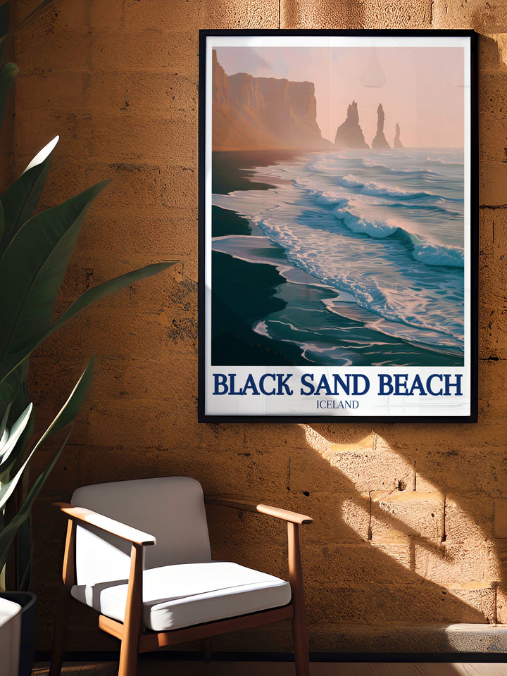 Reynisfjara Wall Hanging featuring the wild, untamed beauty of Icelands coastline, focusing on the Black Sand Beach and the basalt rock columns. This wall hanging is perfect for those who love natures raw power and Icelands unique landscapes