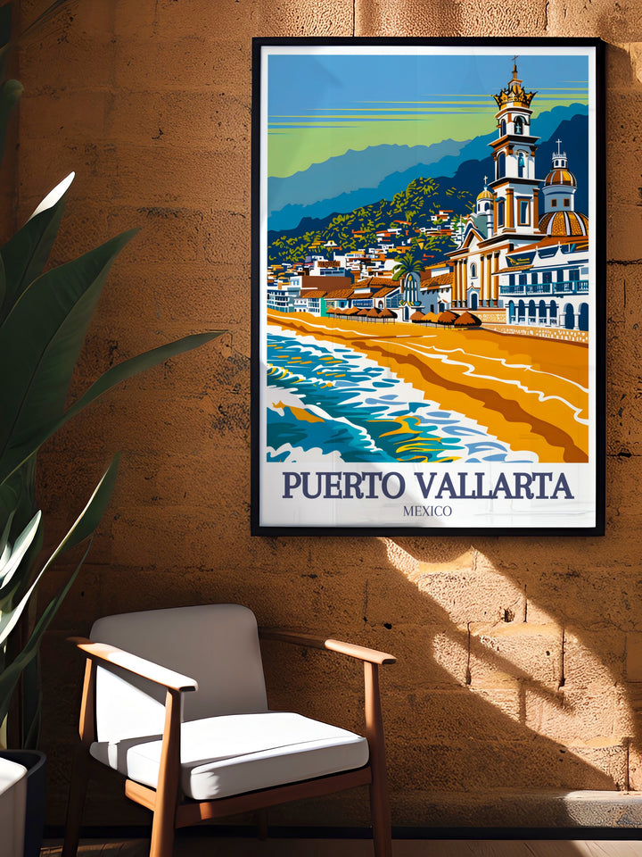 Puebla City Map showcasing detailed cartography and colorful urban landscapes includes Puerto Vallarta beach Our Lady of Guadalupe Church artwork ideal for travel enthusiasts and art lovers