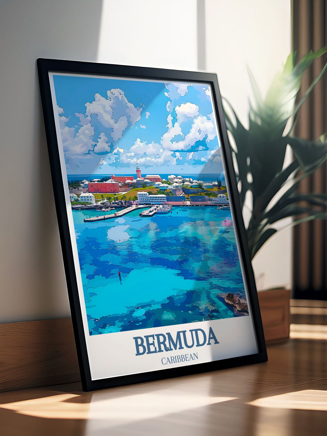 Captivating Bermuda travel poster capturing the vibrant St. George Parish Street and the serene St. Peters Church, perfect for enhancing your home or office with Bermudas historical beauty.