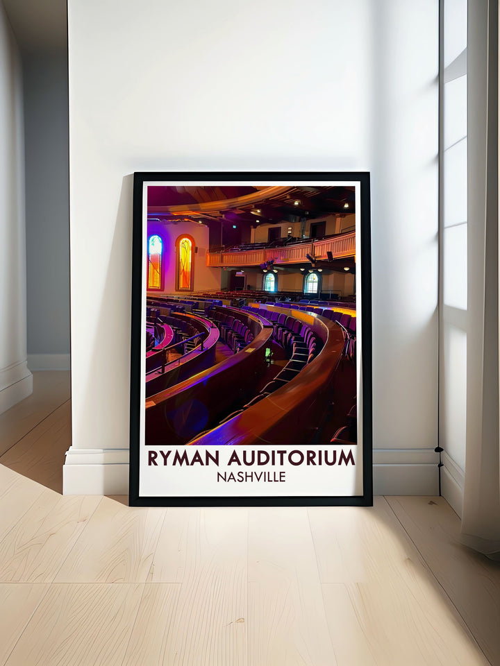 Stage and Auditorium framed prints featuring Ryman Auditorium country music art perfect wall décor Nashville Tennessee stunning modern artwork