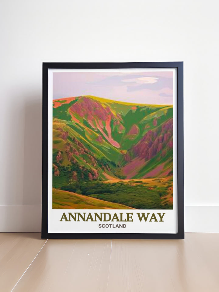 Beautiful Annandale Way Travel Print featuring the breathtaking scenery of Scotlands Devils Beef Tub Almagill Hill and Solway Firth a perfect addition to any home and a great gift for outdoor lovers and adventurers