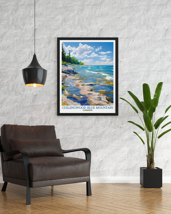 Collingwood Travel Print captures the scenic views of Blue Mountain and the calm shores of Craigleith Provincial Park. This artwork is perfect for those who want to bring a touch of Canadas natural beauty into their home or office.