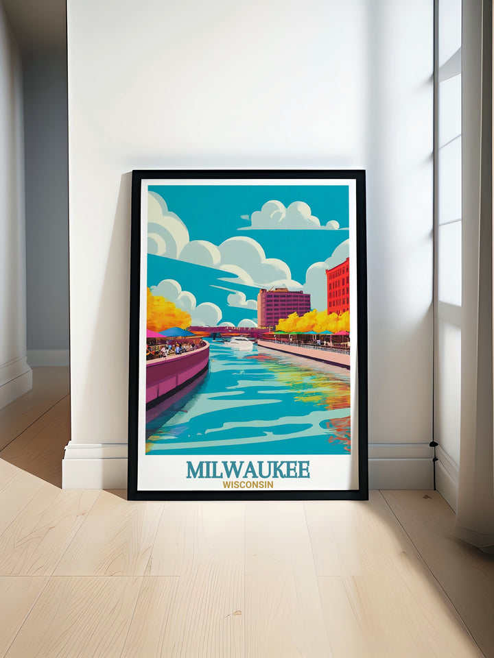 Celebrate Milwaukees iconic Riverwalk and stunning skyline with this beautiful travel poster. The artworks rich colors and intricate design capture the energy and serenity of the city, making it a perfect gift or addition to your home.