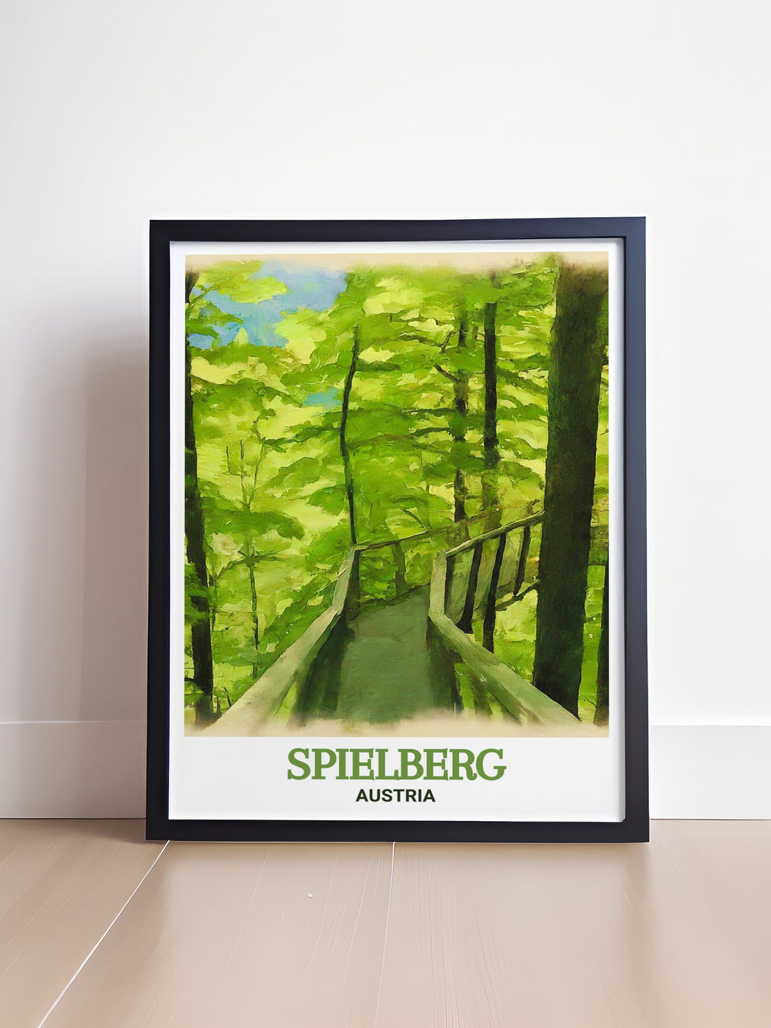 Vibrant poster showcasing Spielbergs Rachau Tree Top Walk, Austria, with a focus on the stunning natural surroundings and architectural elegance. This piece is an excellent addition to any home decor, celebrating the tranquility and beauty of Austrias lush forests and mountainous regions.