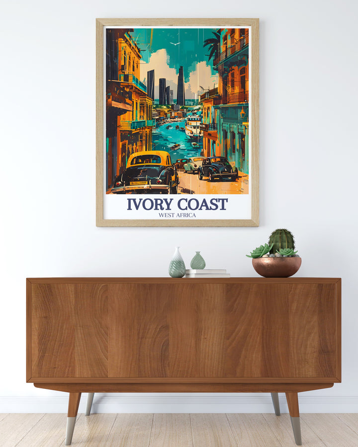 Celebrate the cultural and architectural wonders of Ivory Coast with this Abidjan travel print. Featuring the citys Plateau district, this piece is perfect for fans of modern cityscapes, African travel, and unique wall art that tells a story.