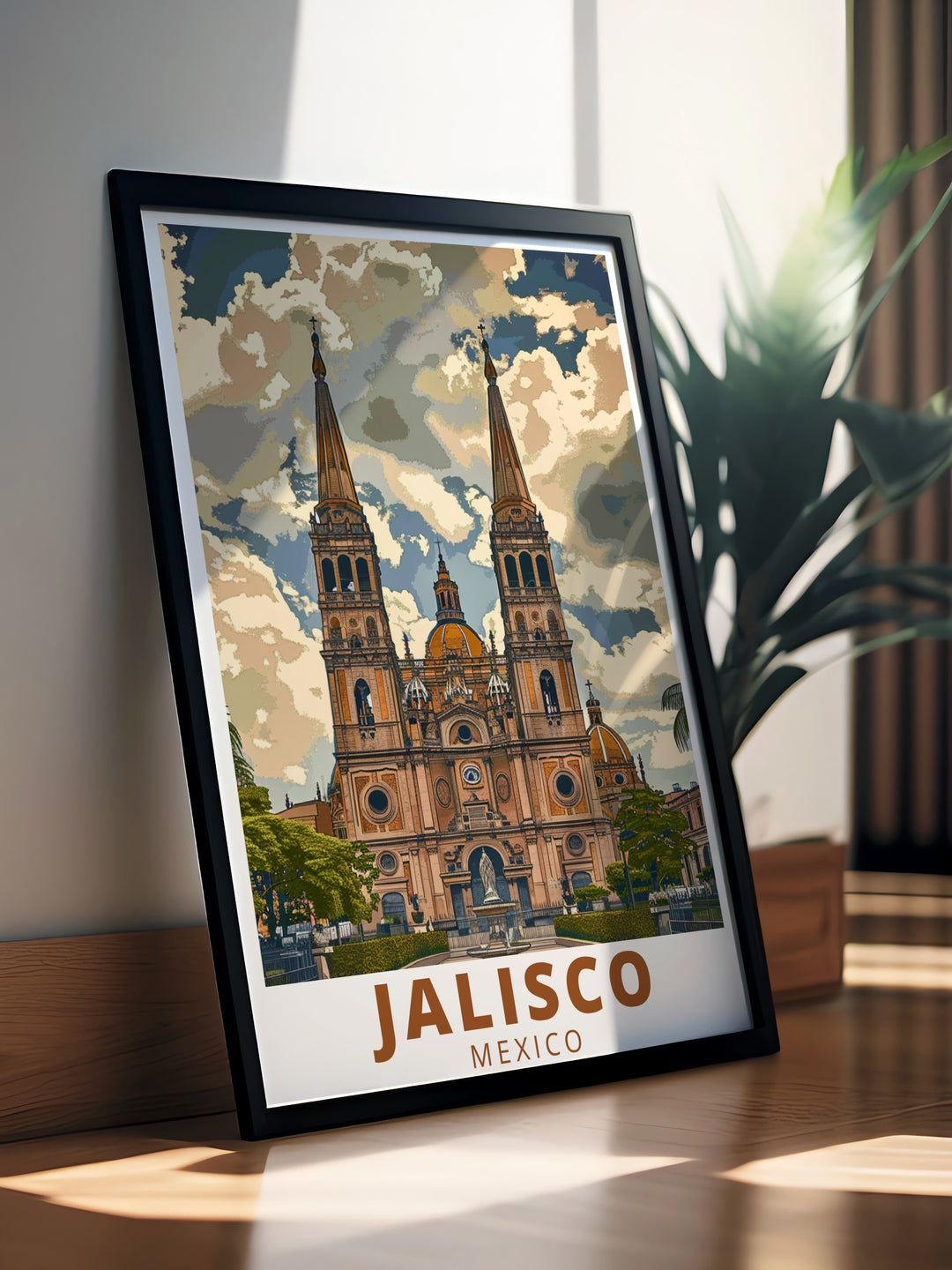 This Jalisco poster print features the iconic Guadalajara Cathedral and highlights the vibrant cityscape of Mexico. The artwork captures the beauty of Jaliscos rich cultural heritage, making it an excellent piece for travel lovers and those who cherish Mexican history and architecture.