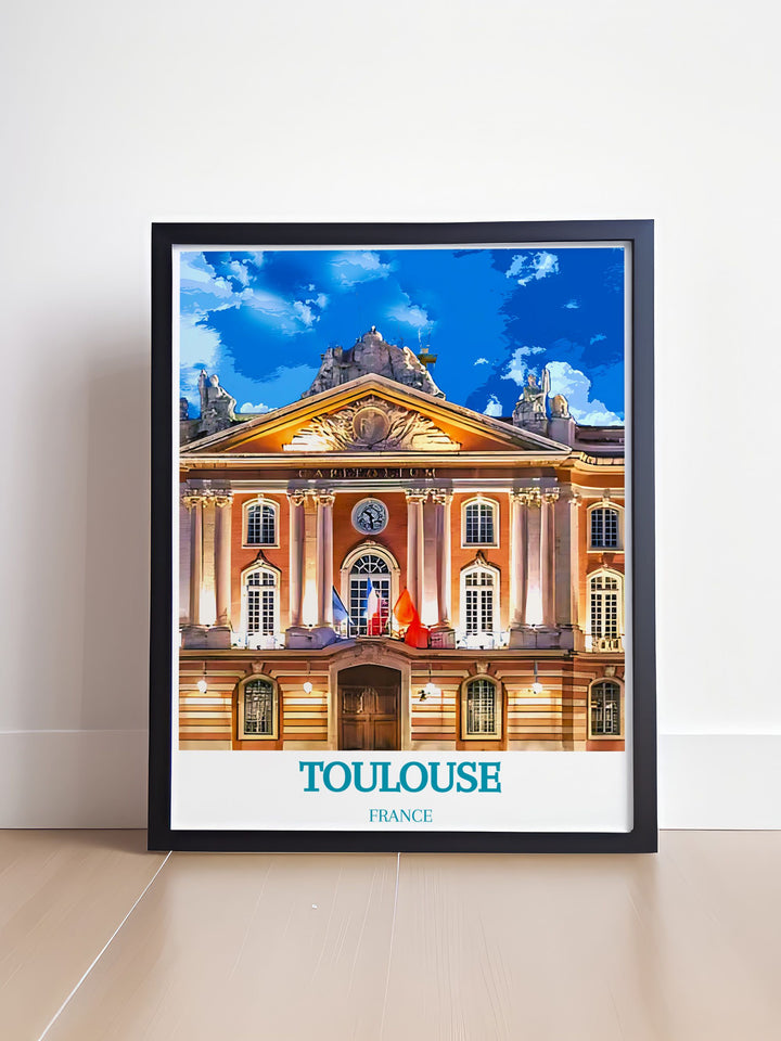 Discover the rich history and cultural significance of Toulouse with this detailed art print, highlighting the iconic Capitole de Toulouse.