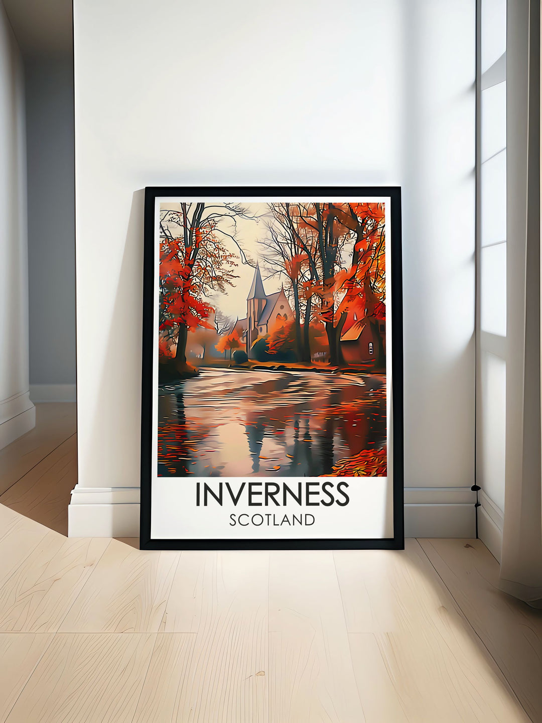 A travel poster showcasing the historical Inverness Castle with its stunning architecture and scenic surroundings, highlighting the charm of the Scottish Highlands.