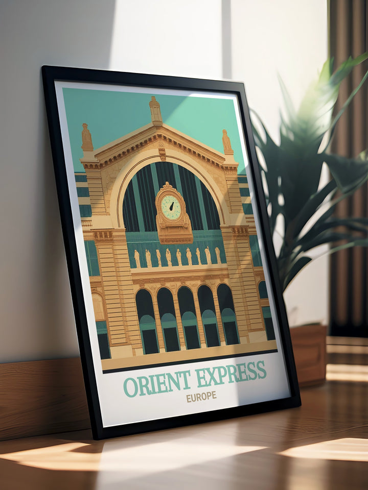 Experience the grandeur of luxury train travel through this Orient Express travel print, highlighting the opulent interiors and scenic routes of this iconic train. Ideal for commemorating historic journeys or adding a touch of elegance to your art collection.