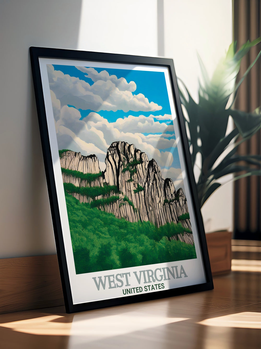 Captivating vintage travel print of Snowshoe Ski Resort and Seneca Rocks offering a perfect combination of adventure and scenic beauty making it a great addition to your wall decor or a thoughtful gift for anyone who loves nature and mountain vistas.