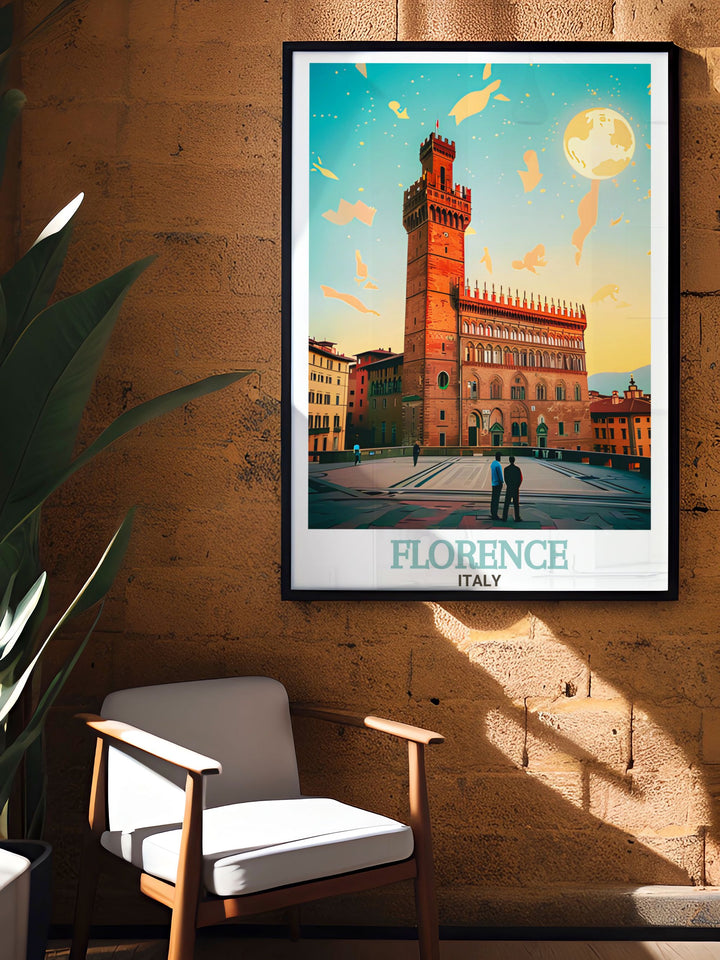 Stunning Palazzo Vecchio print showcases the beauty of Florence Italy. This travel print brings a piece of Italys rich cultural history into your home making it a perfect wall art choice for those who admire Italian landmarks and elegant decor