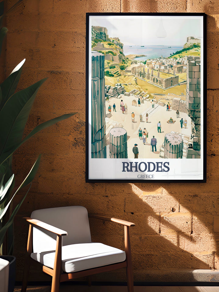 Rhodes Canvas Art featuring the iconic Acropolis of Lindos and Old Town of Rhodes. This Greece travel poster captures the essence of the islands historical landmarks, ideal for those who appreciate Mediterranean history and culture.