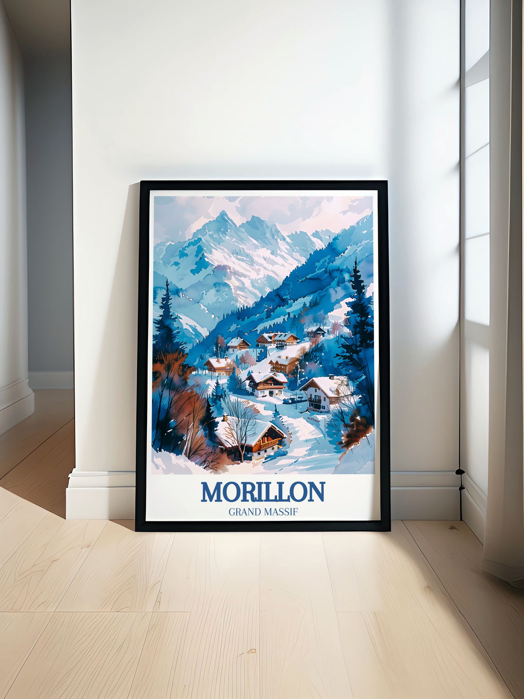 Morillon Ski Resort poster showcasing the stunning French Alps Grand Massif Morillon Village a must have for ski enthusiasts and art lovers seeking beautiful vintage ski prints for their home decor