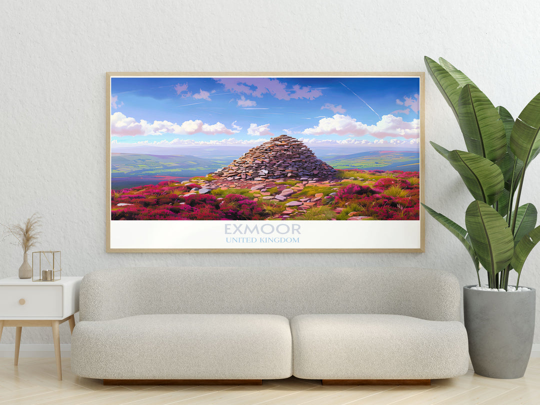 Exmoor National Park and Dunkery Beacon print featuring the stunning landscapes of Somerset and Devon perfect for anyone who loves national parks and wants to add vintage travel art to their home decor or as a unique gift idea for nature lovers.