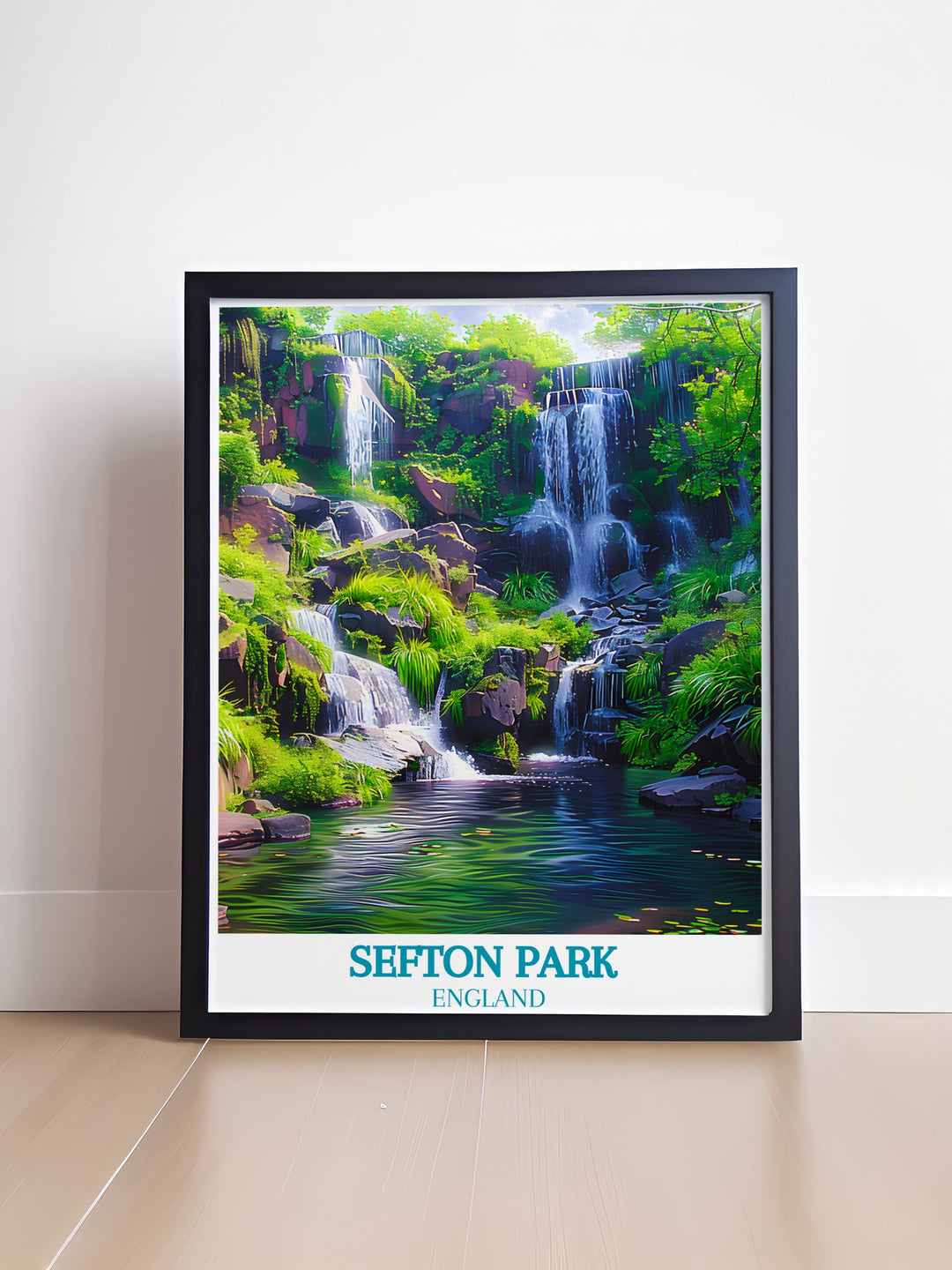 Sefton Park poster paired with a Fairy Glen vintage print. This wall art offers a serene view of Liverpools beloved park and the enchanting fairy tale landscape of Fairy Glen. Perfect for bringing a touch of tranquility and magic to your home.