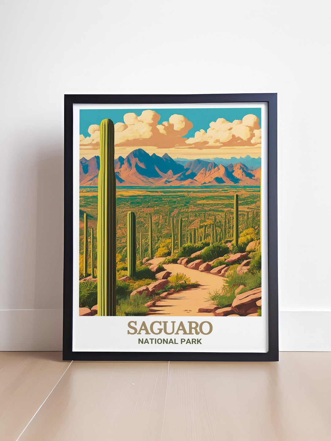 Experience the tranquility of the Valley View Overlook Trail with this Arizona travel art, featuring a stunning depiction of the expansive valley views and the rich biodiversity of Saguaro National Park.