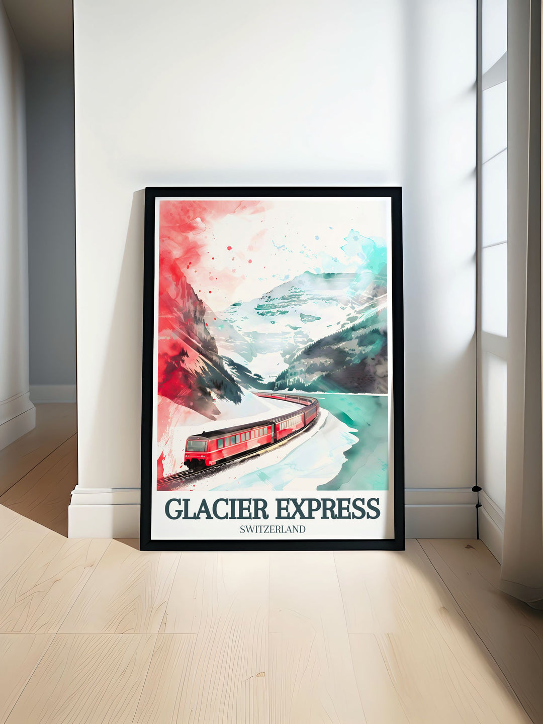 Glacier Express train Oberalp Pass travel poster captures the beauty of the Swiss Alps showcasing the iconic Landwasser Viaduct and the breathtaking alpine scenery perfect for adding a touch of Switzerland to your home decor