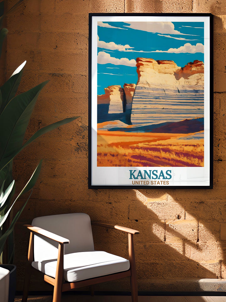 Monument Rocks Canvas Art combines nature and simplicity with its fine depiction of Kansass iconic rock formations. This travel poster provides a perfect contrast between the natural landscape and modern decor, offering a unique art piece for any room. Ideal for gifting or personal enjoyment.