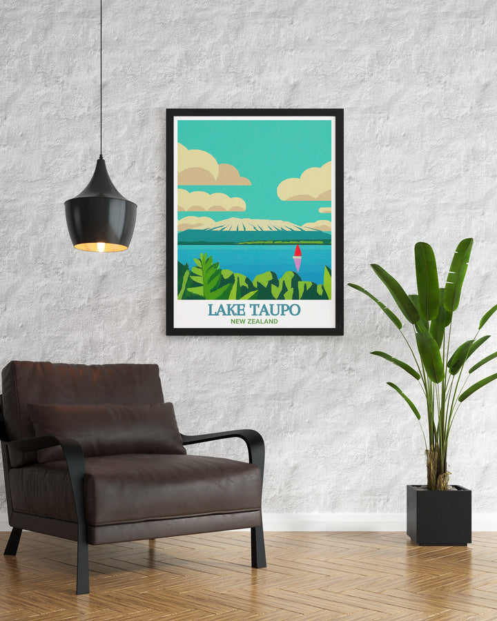 New Zealand Art Print focusing on the serene and expansive beauty of Lake Taupo, one of New Zealands most iconic natural landmarks. The print is designed to evoke the peaceful atmosphere of the lake, making it an ideal choice for those looking to bring the calming effects of nature into their home.