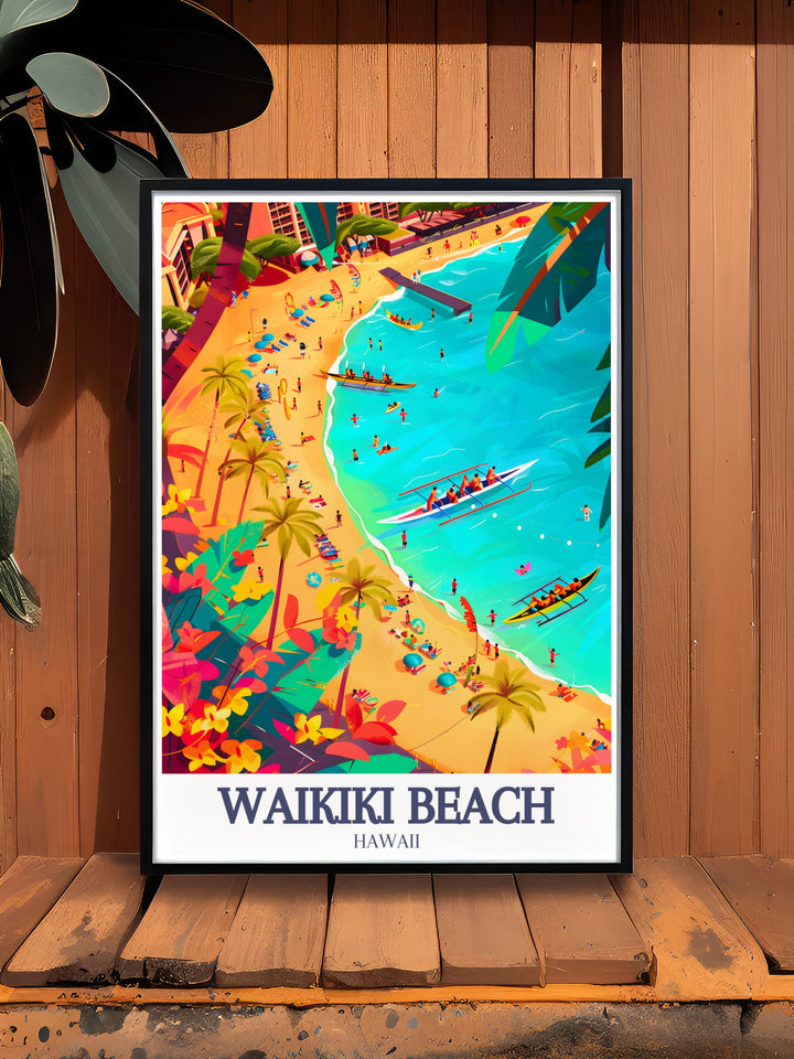 The Kalakaua Avenue Travel Print highlights the lively energy of Waikikis main street, showcasing its blend of urban excitement and coastal beauty. This print is ideal for anyone who loves Hawaiis culture and wants to bring the spirit of Honolulu into their home decor.