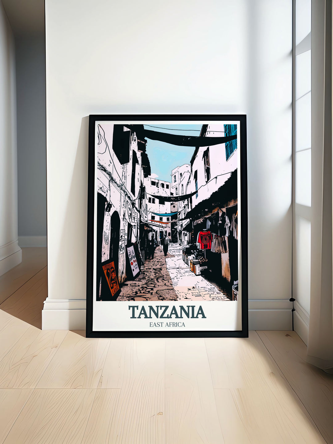 Serengeti Wall Art featuring giraffes and Tanzanias stunning wildlife with Unguja Stone Town prints showcasing historic charm perfect for adding a touch of adventure and culture to your home decor with vintage travel inspired art.