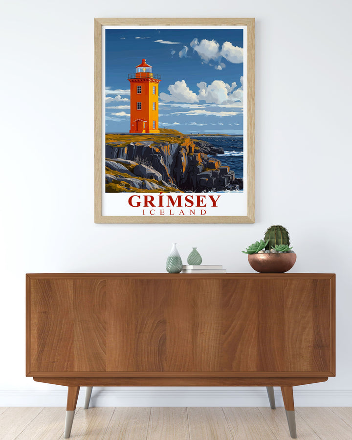 Highlighting the serene landscapes of Grimsey Island under the Northern Lights, this poster offers a captivating view of one of Icelands most beautiful regions, perfect for enhancing any space.