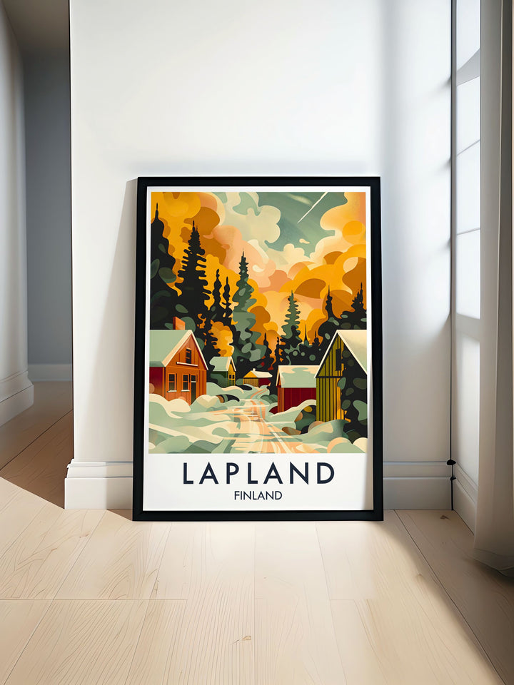 Santa Claus Town Travel Poster capturing the festive charm and holiday spirit of Finland perfect for adding a touch of magic to your home decor or as a unique gift for friends and family who love Christmas all year round.