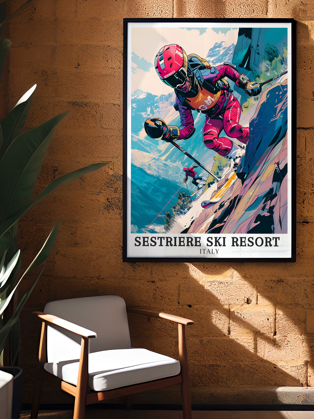 Sestriere Ski Resort poster featuring the stunning Italian Alps. Perfect for ski enthusiasts, this vibrant print captures the excitement of Sestriere Vialattea Ski Area and the charm of Sestriere Borgata. Ideal for home or office decor.