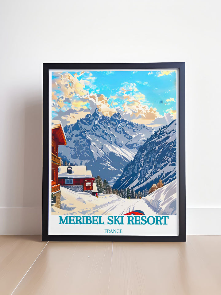 Elegant Saulire framed print featuring a vintage ski design. This art piece captures the charm of the Meribel Ski Resort and adds a sophisticated element to your living space or office.