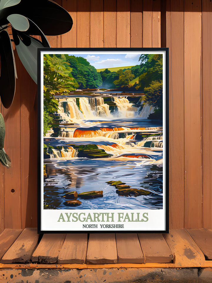 Vintage travel print of Aysgarth Falls illustrating the charming landscapes of North Yorkshire perfect for wall art in any setting this artwork showcases the picturesque falls in the Yorkshire Dales providing a nostalgic view of the national park.