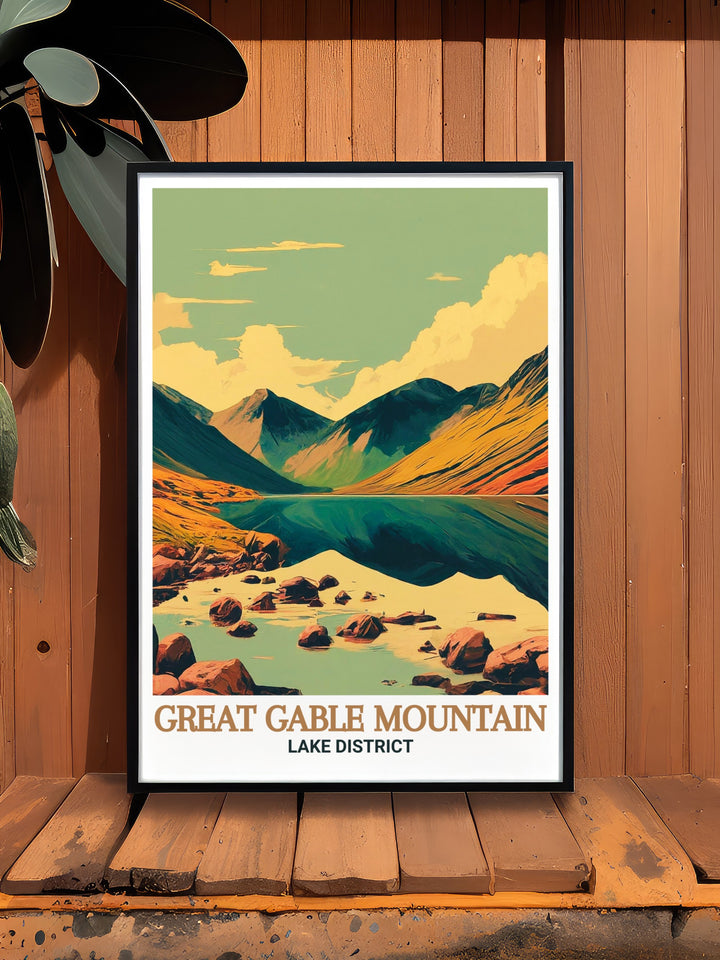 The Lake District travel print offers a captivating view of both Great Gable Mountain and Wastwater, two of the regions most iconic landmarks. The print combines the majesty of the mountain with the tranquility of the lake, creating a piece of art that is both visually stunning and serene. This travel print is ideal for those looking to bring the beauty of the outdoors into their home.