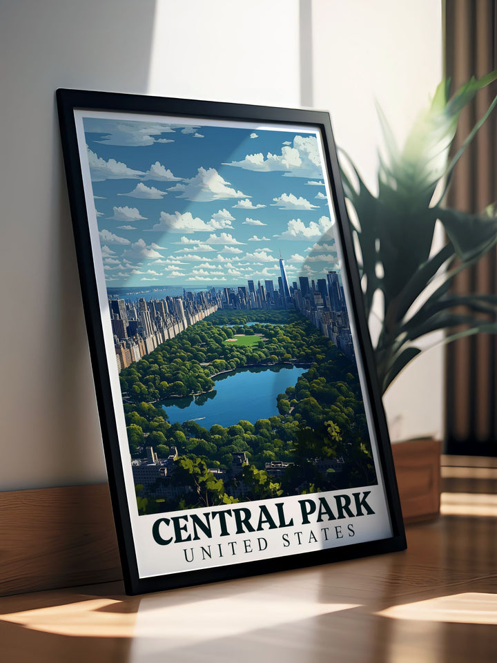 The picturesque scenery of Central Park with its Lake as a focal point is featured in this vibrant travel poster, perfect for adding New York Citys unique charm to your home.