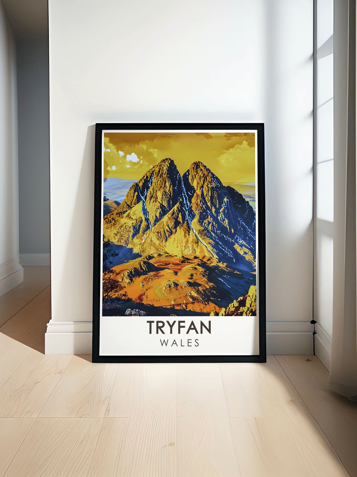 Snowdonia poster featuring the breathtaking scenery of Snowdonia Wales with Mount Snowdon and Tryfan Summit perfect for national park enthusiasts and travel lovers