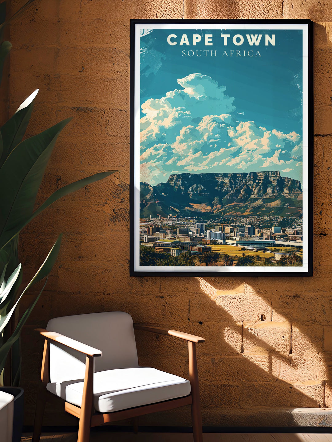 National park print of Table Mountain offering a perfect blend of modern and vintage travel art. This stunning Cape Town wall art transforms your living room decor into a celebration of South Africas most iconic landscape.