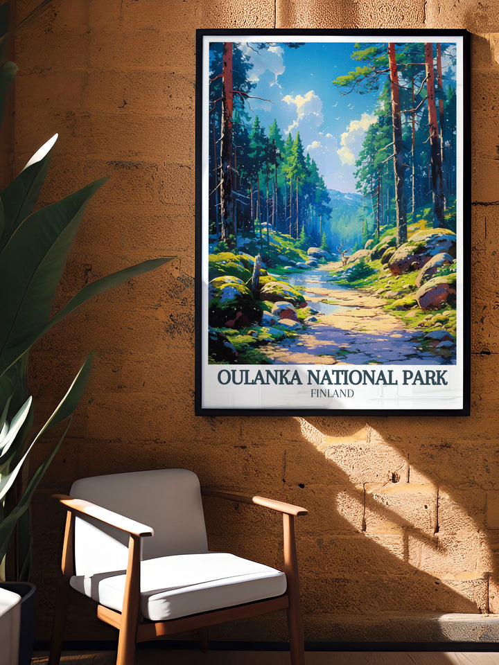 Detailed travel poster art of Oulanka river Kiutakongas Rapids in Finland. Perfect for home decor and a unique gift for nature lovers and hikers. This national park print showcases the beauty of Scandinavian art.