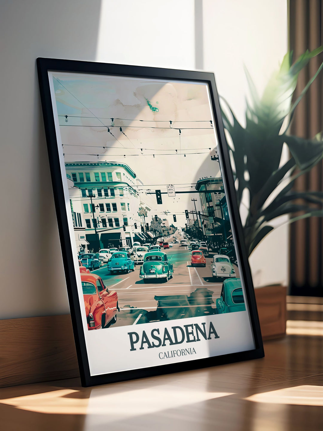 Colorful Pasadena poster showcasing the vibrant atmosphere of Old Pasadena, Colorado Boulevard. Ideal for modern home decor and thoughtful gifts for friends and loved ones