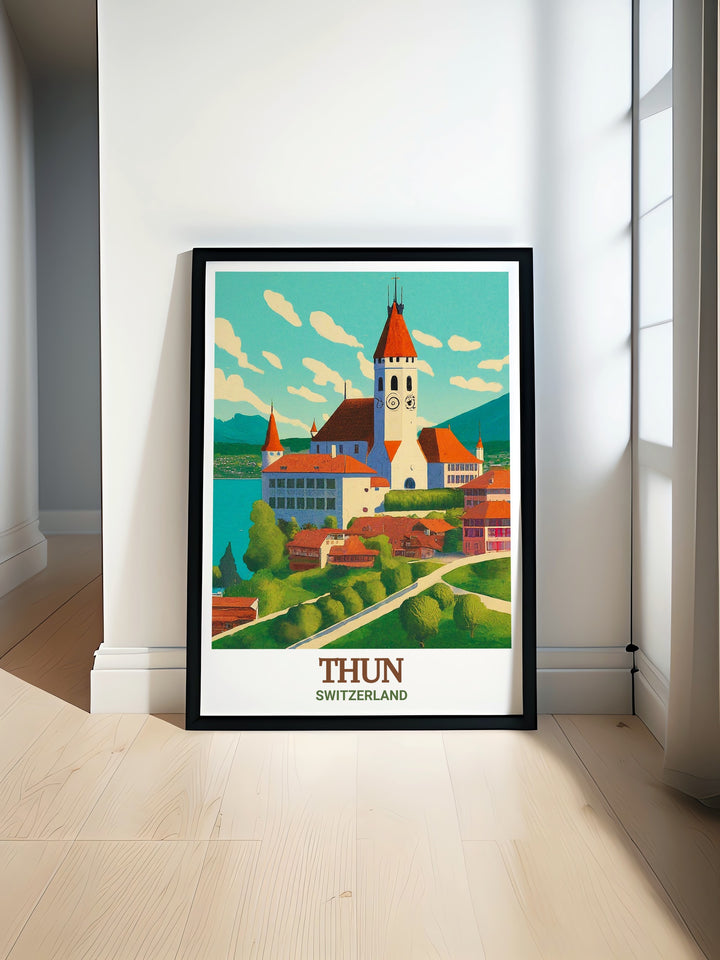 A detailed poster print of Thun Castle, capturing the beauty of Switzerlands historic landmark. The artwork showcases the castles medieval architecture set against the Swiss Alps, making it a stunning addition to any home or office space.